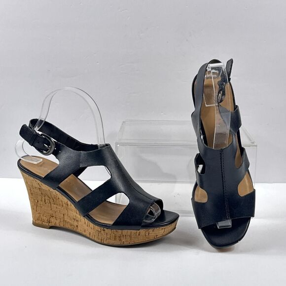 Franco Sarto Wedge Sandals Womens Size 6.5 Black Colletta Cork Leather Slingback - Picture 1 of 13